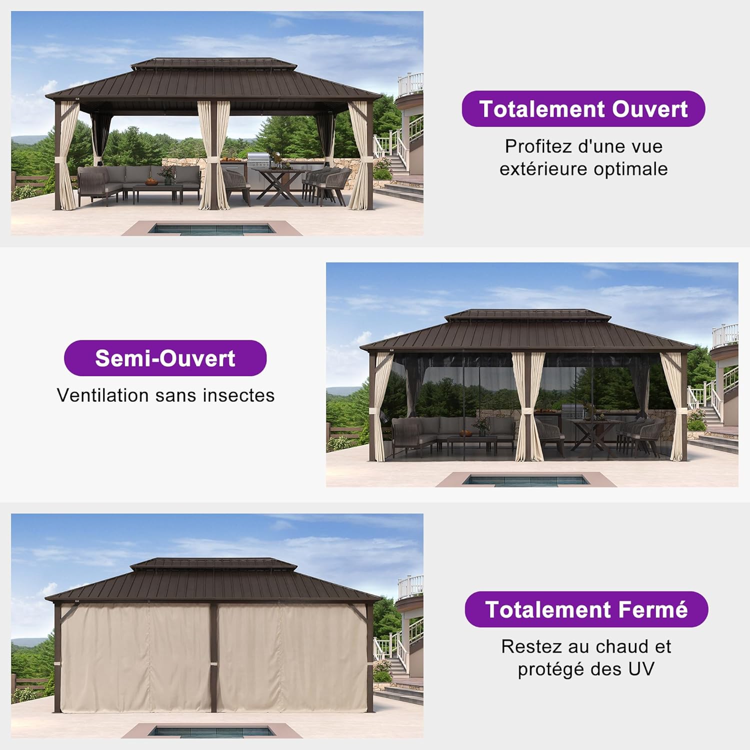 PURPLE LEAF - Pergola Jardin Double Toit 6x3,65m, alu, moustiquaire