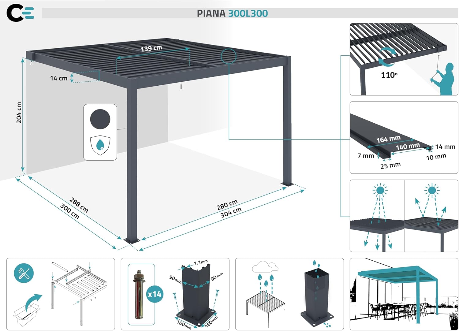 CAZEBOO - Piana - 3x3m pergola adossée aluminium, lames acier, vent/soleil/pluie