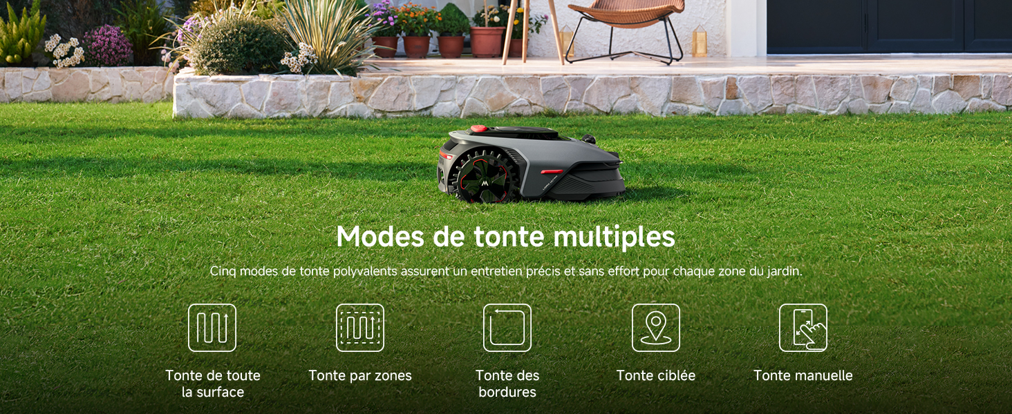 Le texte se lit comme suit : « Modes de tonte multiples ». Image d'aménagement paysager montrant une pelouse bien entretenue avec un mur de pierre et des meubles en arrière-plan, avec des icônes indiquant différents modèles de tonte ci-dessous.