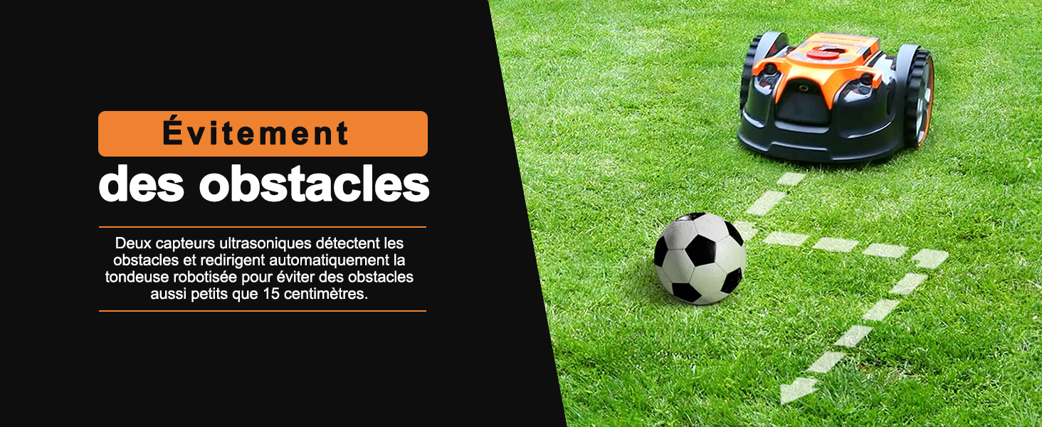 qui contourne un ballon de football sur de l'herbe verte, avec un texte en français sur l'évitement des obstacles