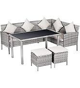Outsunny Salon de Jardin 6 pers. Grand Confort canapé d'angle + 2 poufs + Table à Manger 9 Coussi...
