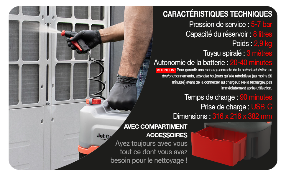 Le texte indique « CARACTÉRISTIQUES TECHNIQUES », suivi de spécifications techniques en français. L'image montre un pied portant une chaussure rouge attachée à un dispositif de repérage électronique.