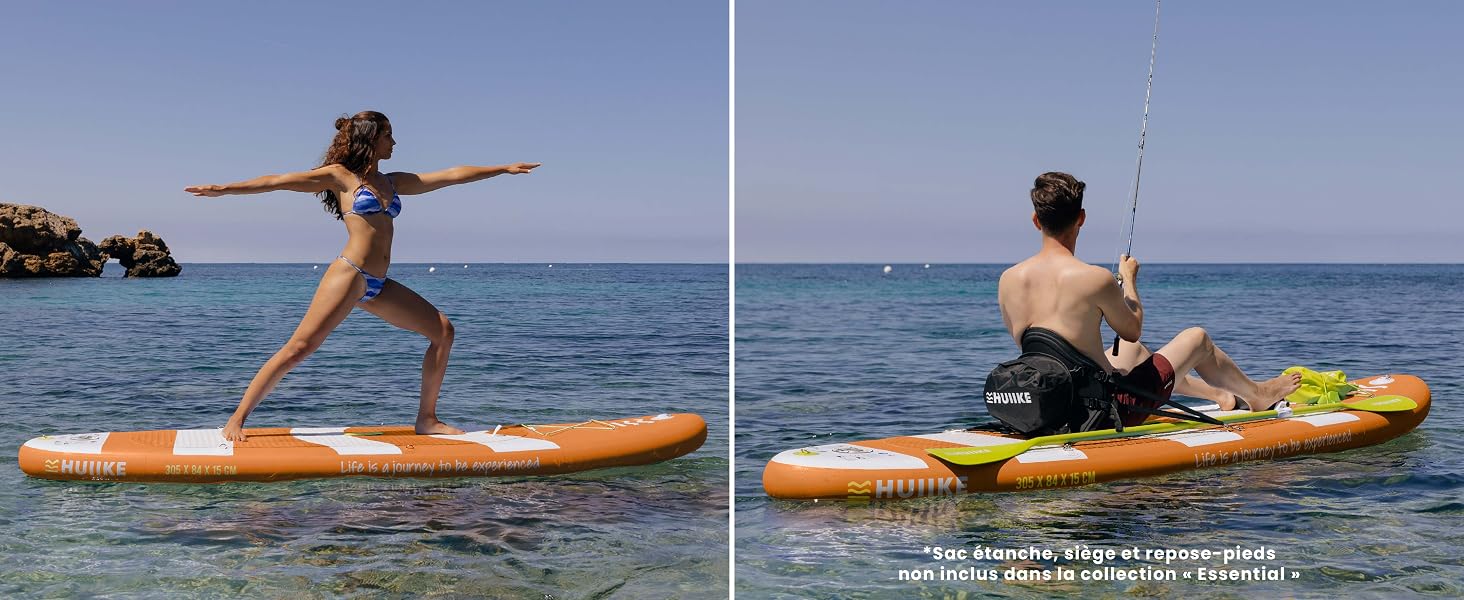présentée dans deux scénarios d'utilisation sur l'eau de mer : l'un pour les poses d'exercice et l'autre pour les activités de pêche
