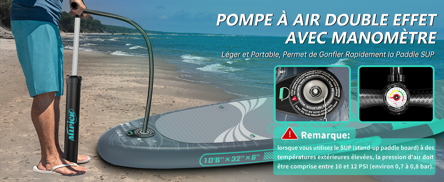 Le texte indique « POMPE A AIR DOUBLE EFFET AVEC MANOMETRE ». Démonstration du produit montrant l'utilisation d'une pompe à air avec manomètre pour les articles gonflables.