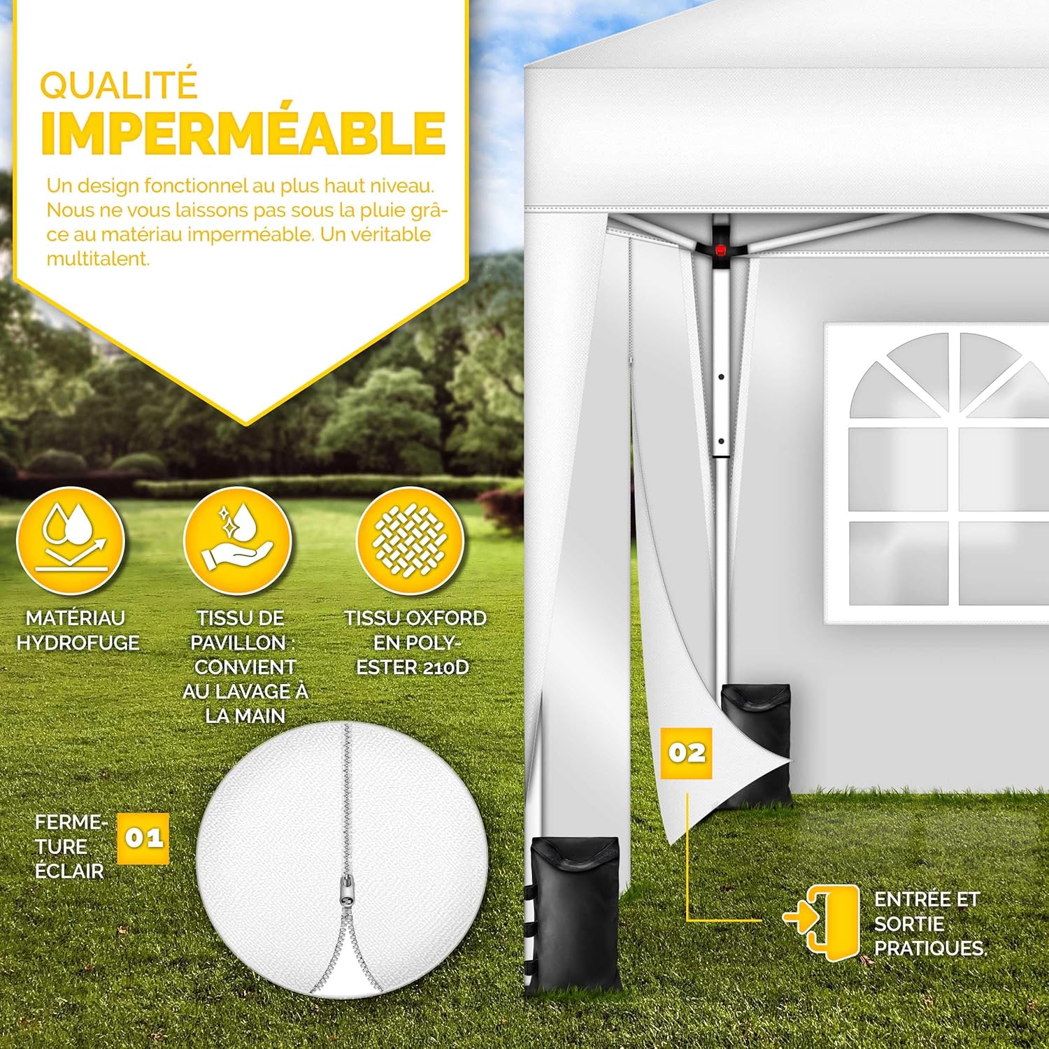 tillvex Tonnelle de Jardin 3 x 3 m Pliable avec 4 côtés | Tente de Jardin Pliante réglable en Hauteur | Auvent Pliant pour Camping, Festival, Plage, Jardin | Protection UV 50+ + Sac de Jardin