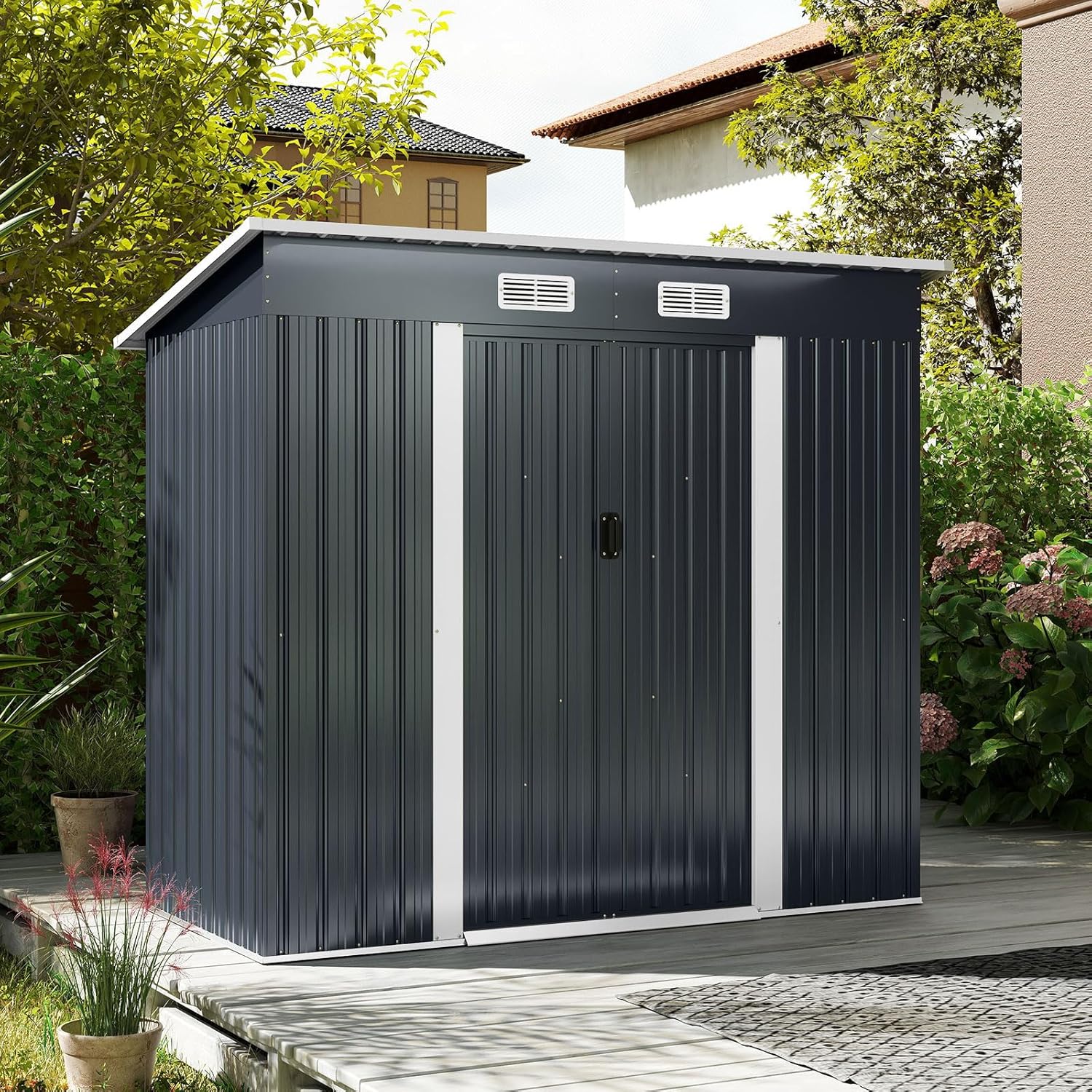 COSTWAY - Abri de Jardin métal - 2 m² - Porte coulissante, toit incliné, 4 aérations, fondation