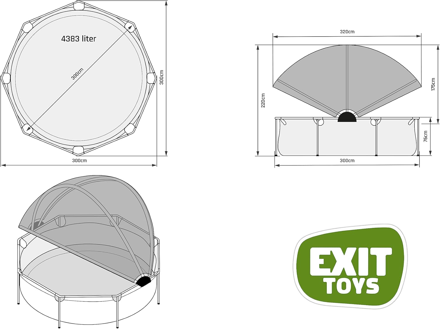 EXIT TOYS Piscine Lime avec Voile d'Ombrage - ø300x76cm - Piscine Hors Sol Ronde avec Pompe Filtrante à Cartouche - Protection Optimale Contre Les Rayons UV - Entrée Basse - Design Unique - Vert