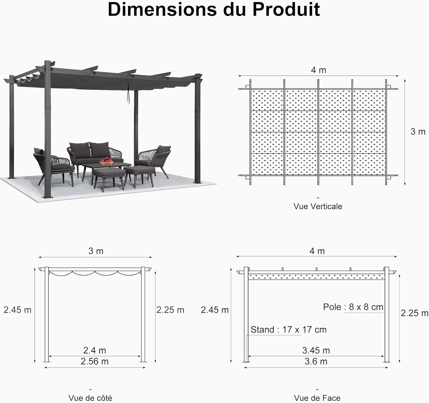 PURPLE LEAF - Pergola LED série - 4x3 m - aluminium, toit rétractable, tissu teinté