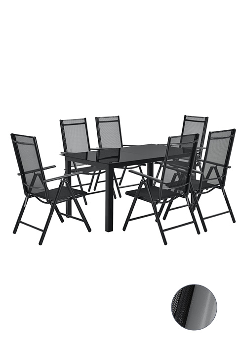 avec table rectangulaire et six chaises pliantes, le tout en métal gris foncé et en maille.