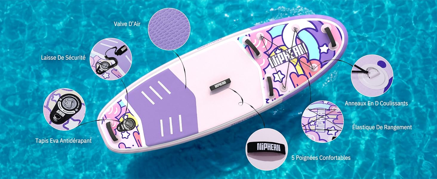 Planche de wakeboard ou de sports nautiques violette et rose vue du dessus sur une eau turquoise, montrant le design de la terrasse avec des graphiques et des zones caractéristiques étiquetées autour du périmètre.