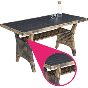 avec plateau en verre. Base et pieds tissés foncés. L'encart montre un gros plan des détails du motif tissé.