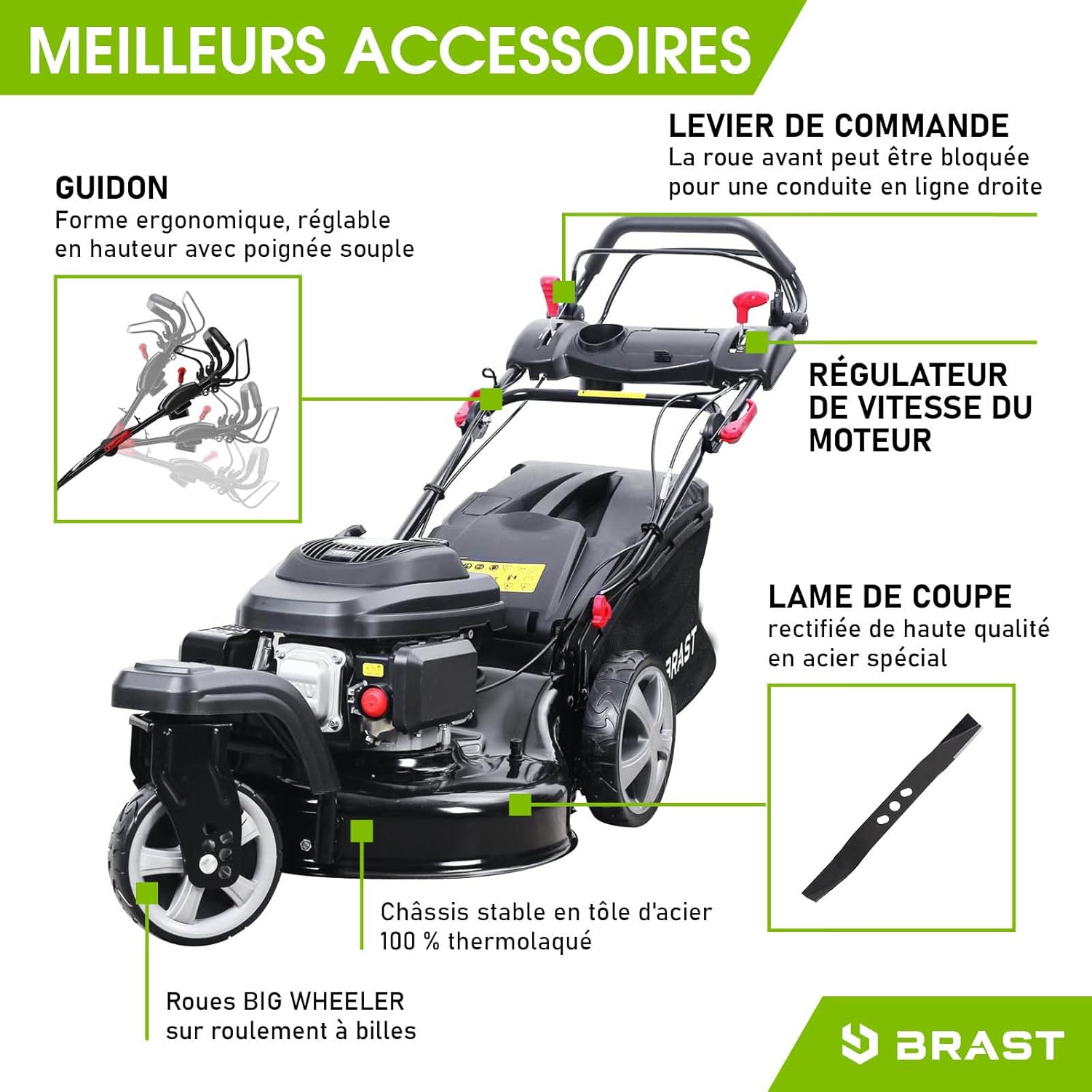 BRAST - tondeuse thermique 3 roues - 53cm, 224cc, 7cv, mulching, 4en1, capot acier, guidon réglable - TRIKE