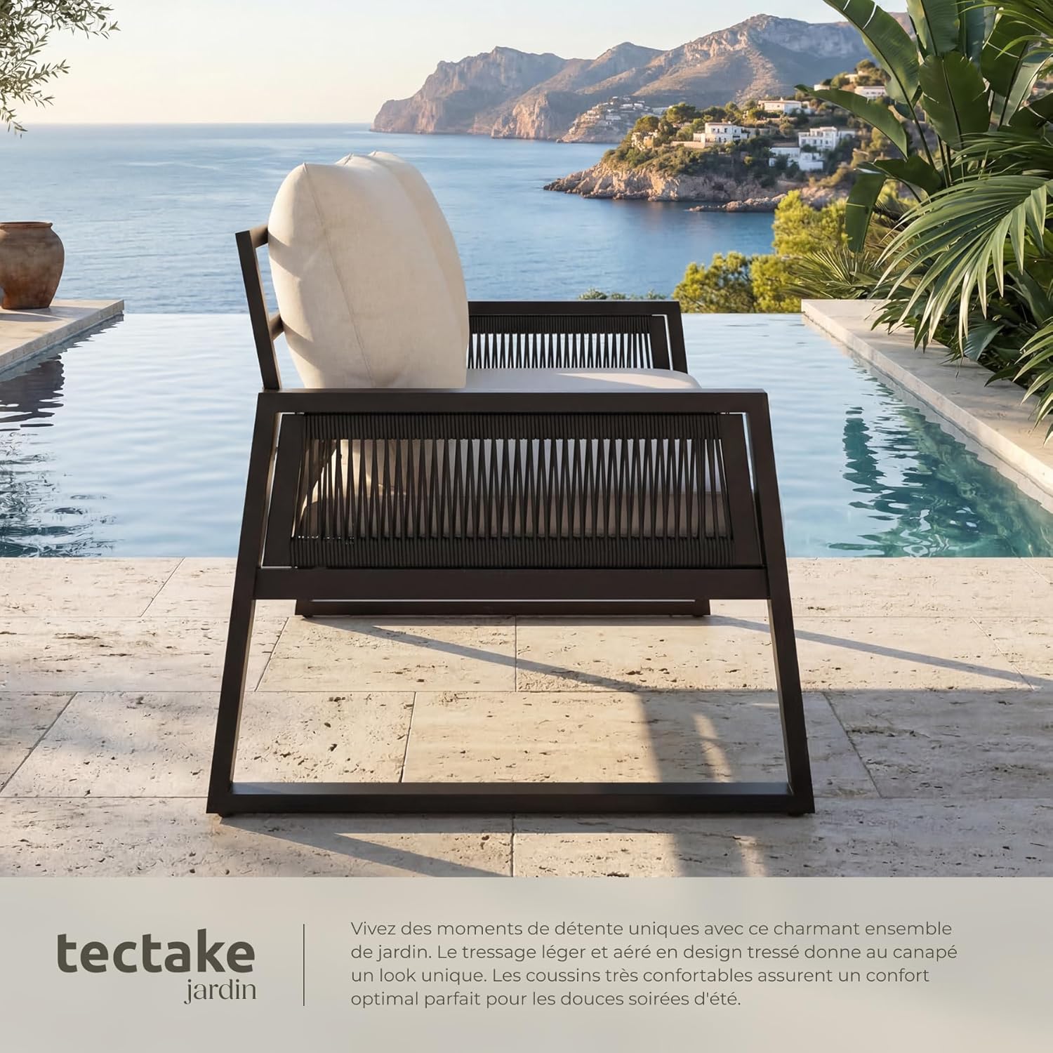 tectake - salon de jardin 2 places, alu époxy, coussins épais, table