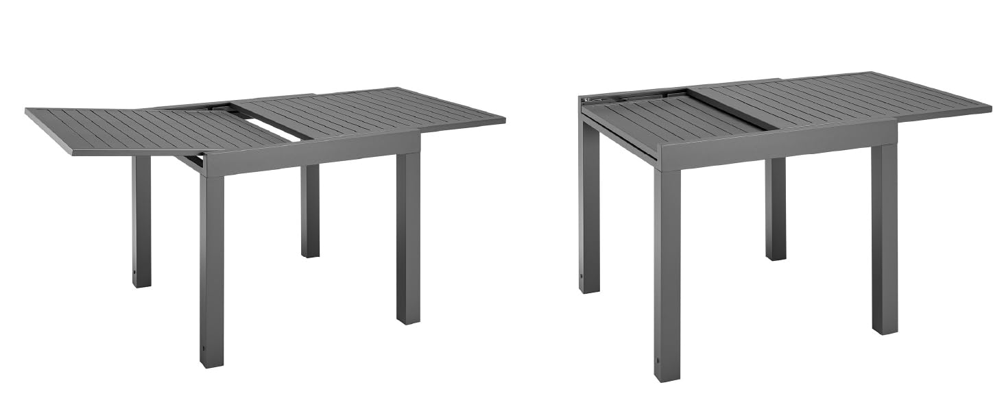 Deux tables extensibles identiques en métal gris, présentées côte à côte, avec des vantaux réglables et des pieds robustes