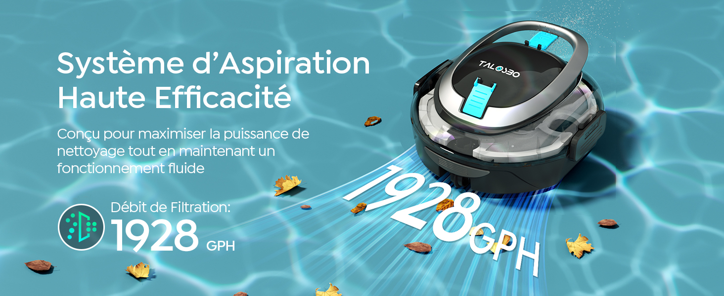 Le texte indique « Système d'aspiration Haute Efficacité » sur fond turquoise avec illustration de l'aspirateur et éléments de design en particules flottantes.