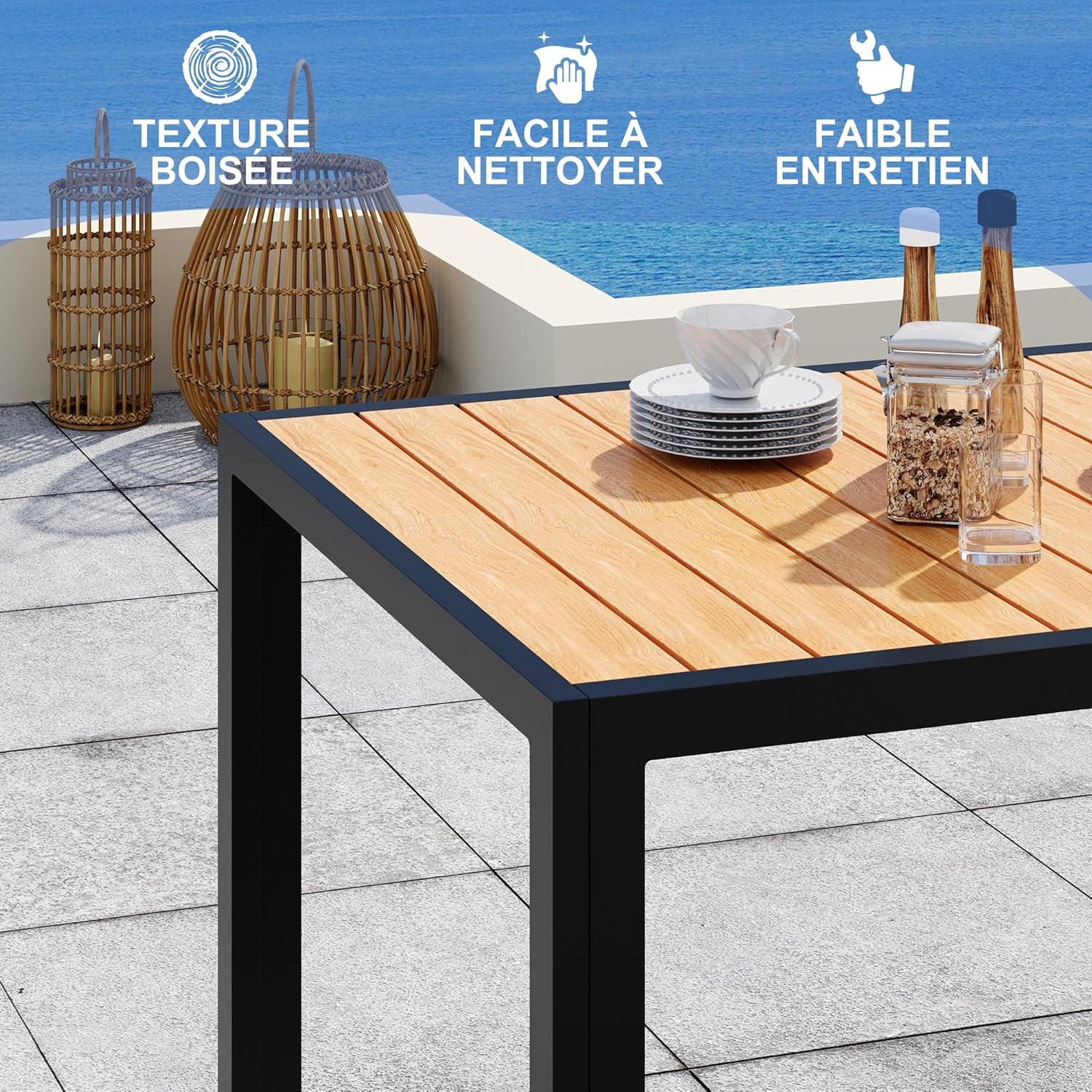 Devoko - HDPS - 150x80x72 cm - Table aluminium extérieur, bois, facile entretien