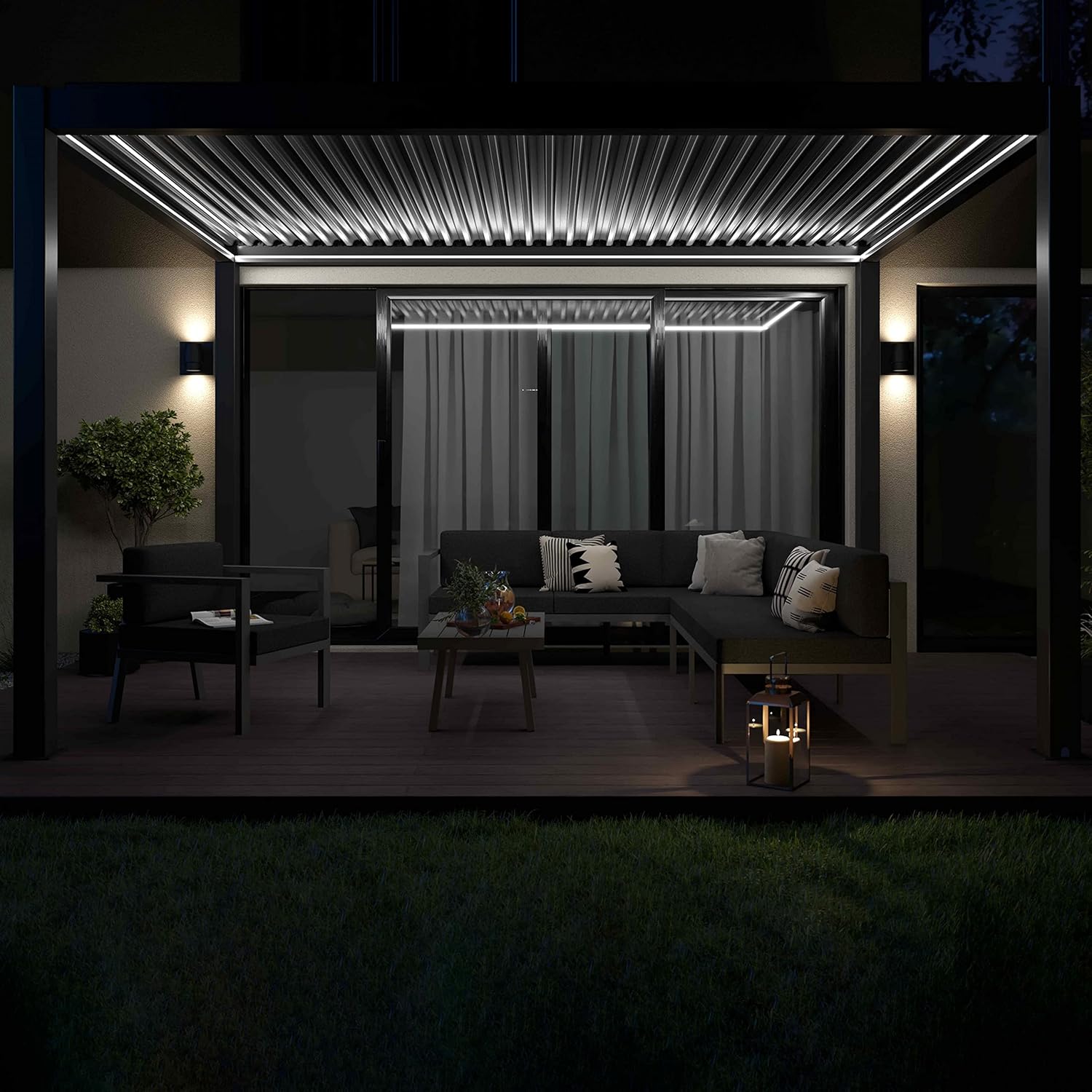 Oviala - Pergola bioclimatique motorisée autoportée 3x4m, LED, stores
