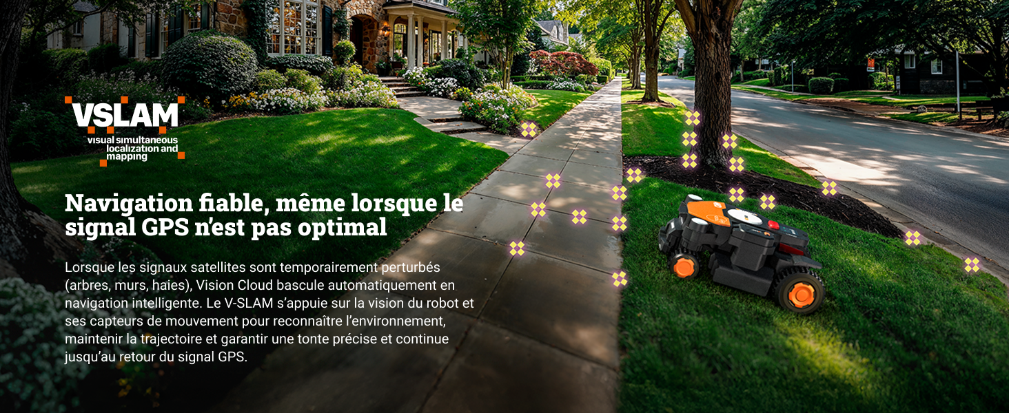 Le texte indique « Navigation facile, même lorsque le signal GPS n'est pas optimal ». Scène de jardin ou de parc en plein air avec des marqueurs lumineux ressemblant à des orbes.