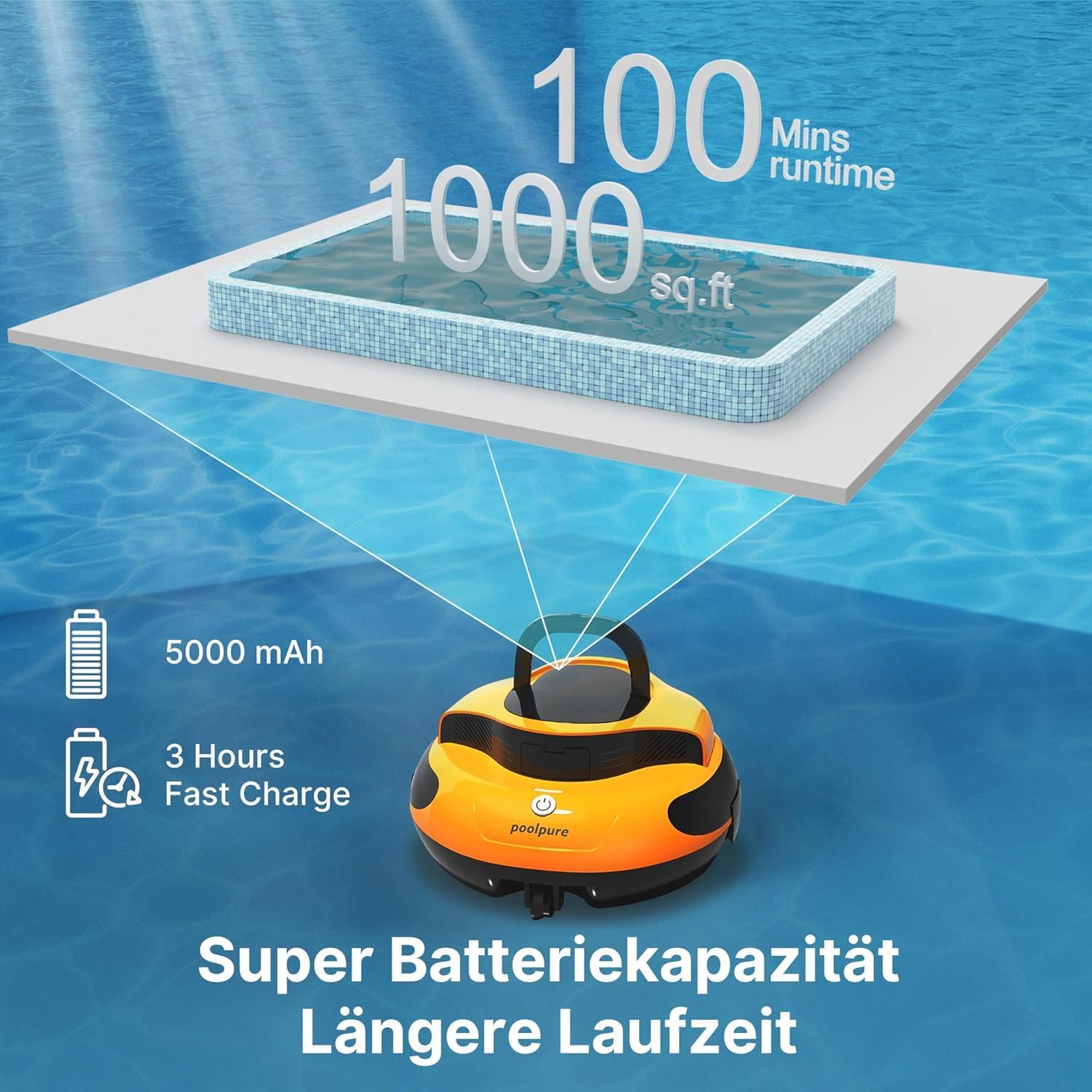 POOLPURE - Aspirateur piscine 90㎡ - 5000mAh, double moteur, LED, IPX8