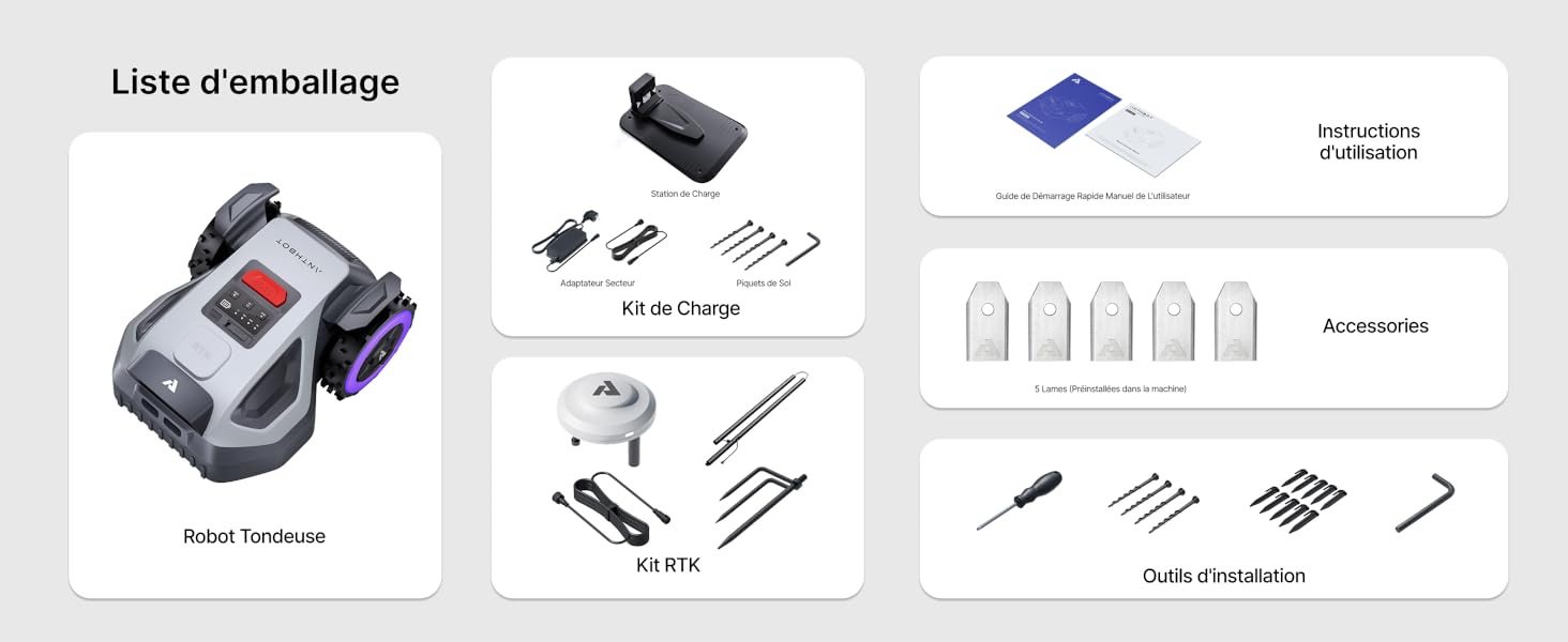 Le texte se lit comme suit : « Liste d'emballage », « Boîte à outils », « Accessoires ». Schéma d'instructions présentant les composants du produit, les outils et les accessoires inclus avec des sections étiquetées et des illustrations des articles individuels.