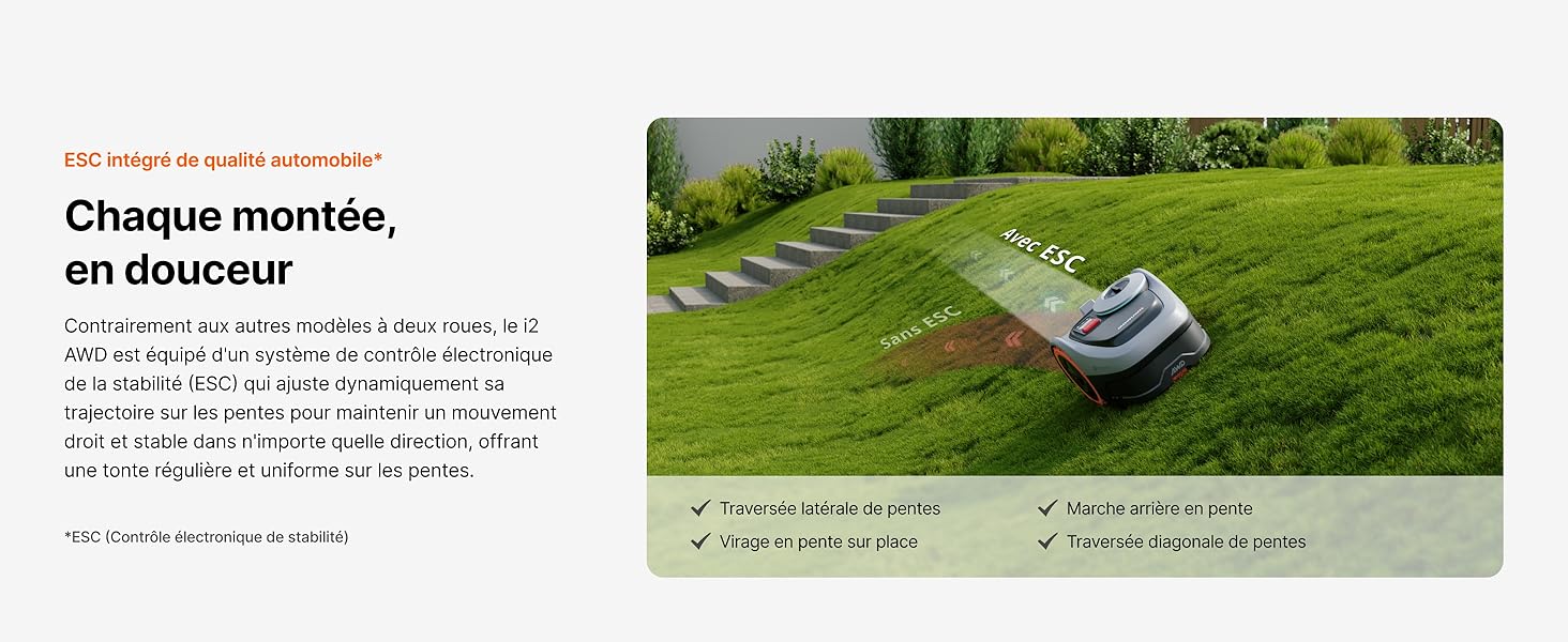 Le texte se lit comme suit : « Chaque monde, un détecteur ». Tondeuse à gazon robotisée montrée sur de l'herbe verte avec des spécifications techniques affichées en texte français.