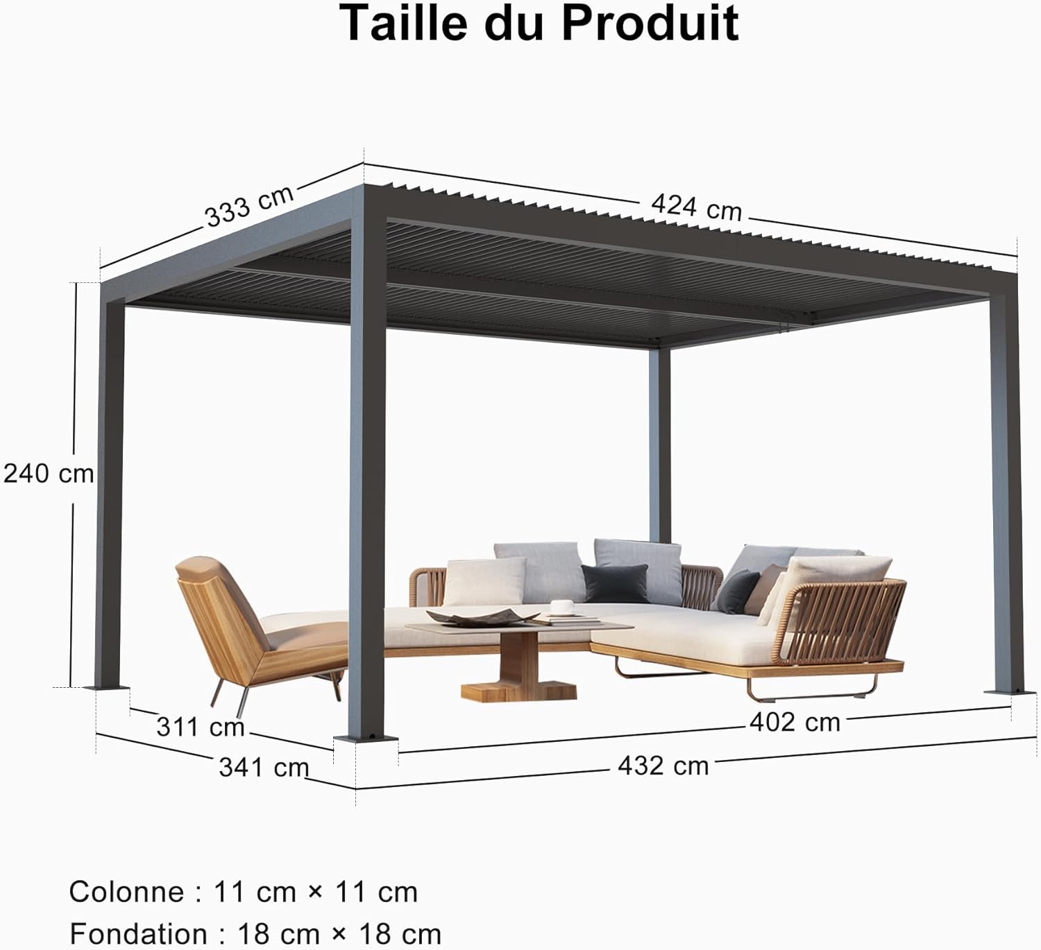 PURPLE LEAF - Pergola Bioclimatique - 4,24 x 3,3 m - Aluminium, lames orientables, commande indépendante, gris