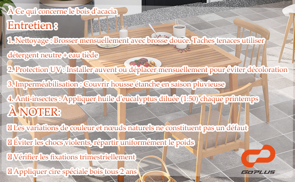 en français. Table et chaises sur terrasse en pierre. Le texte détaille le nettoyage, la protection UV, l'imperméabilisation et l'entretien régulier des meubles en bois.