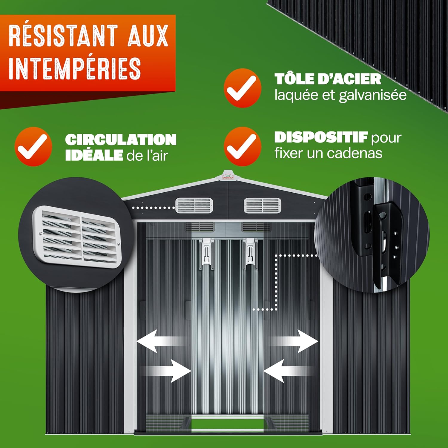 Abri jardin métal XXL - 260x205x180cm - Porte coulissante, fondation, rangement outils -  GARDEBRUK
