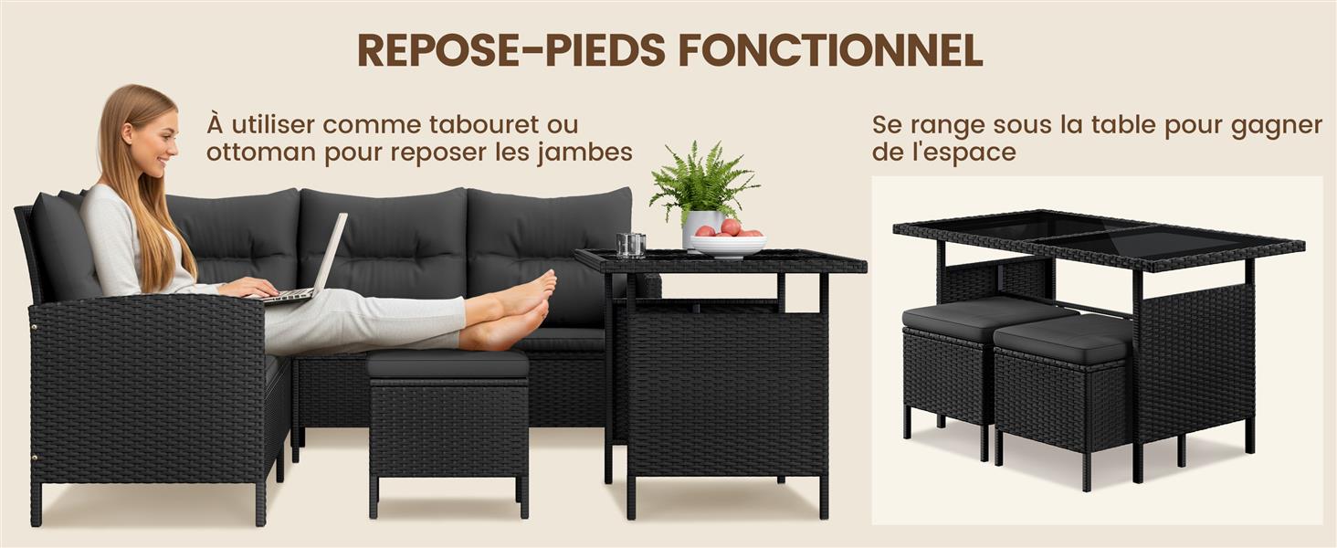 Le texte indique « REPOSE - PIDS FONCTIONNEL ». Ensemble de meubles modernes noirs comprenant des canapés, des fauteuils et des poufs disposés dans la salle d'exposition.