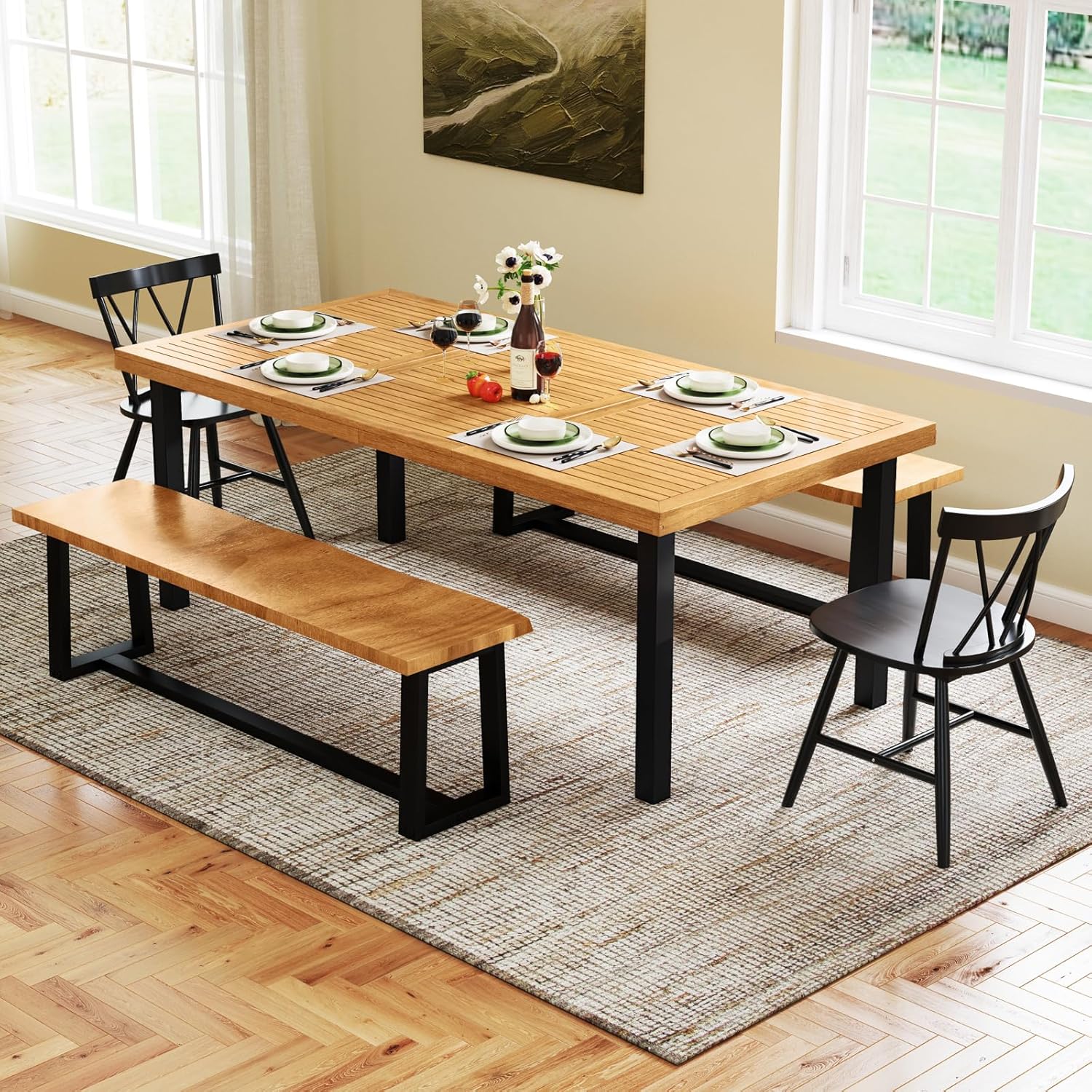 COSTWAY - table de jardin 200 cm - 8 pers. acacia métal, trou parasol