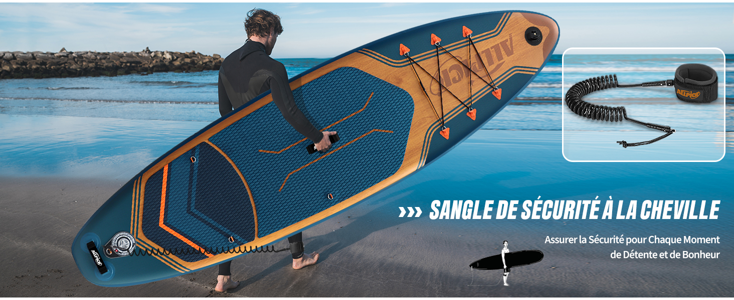sur les eaux côtières. Les caractéristiques comprennent un coussin de pont antidérapant et une sangle de sécurité pour les chevilles