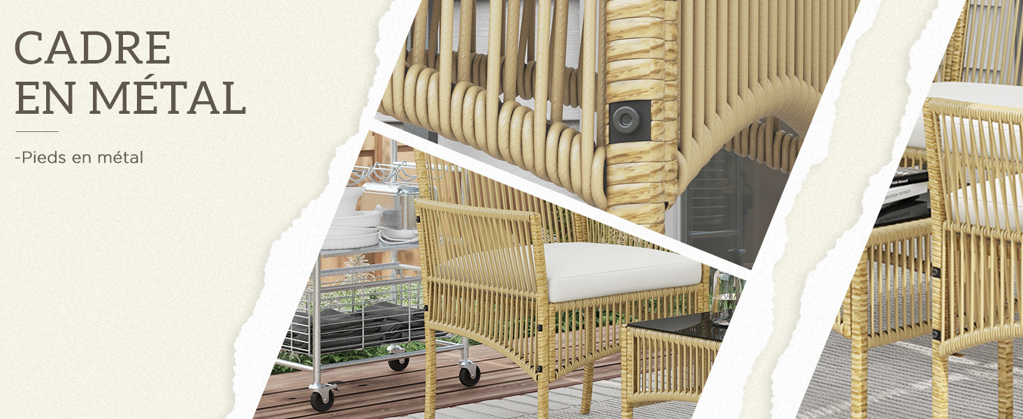 à cadre métallique au design incurvé. Comprend des chaises et une table, probablement pour une utilisation sur la terrasse ou le jardin. Métal de couleur crème à l'esthétique élégante et moderne