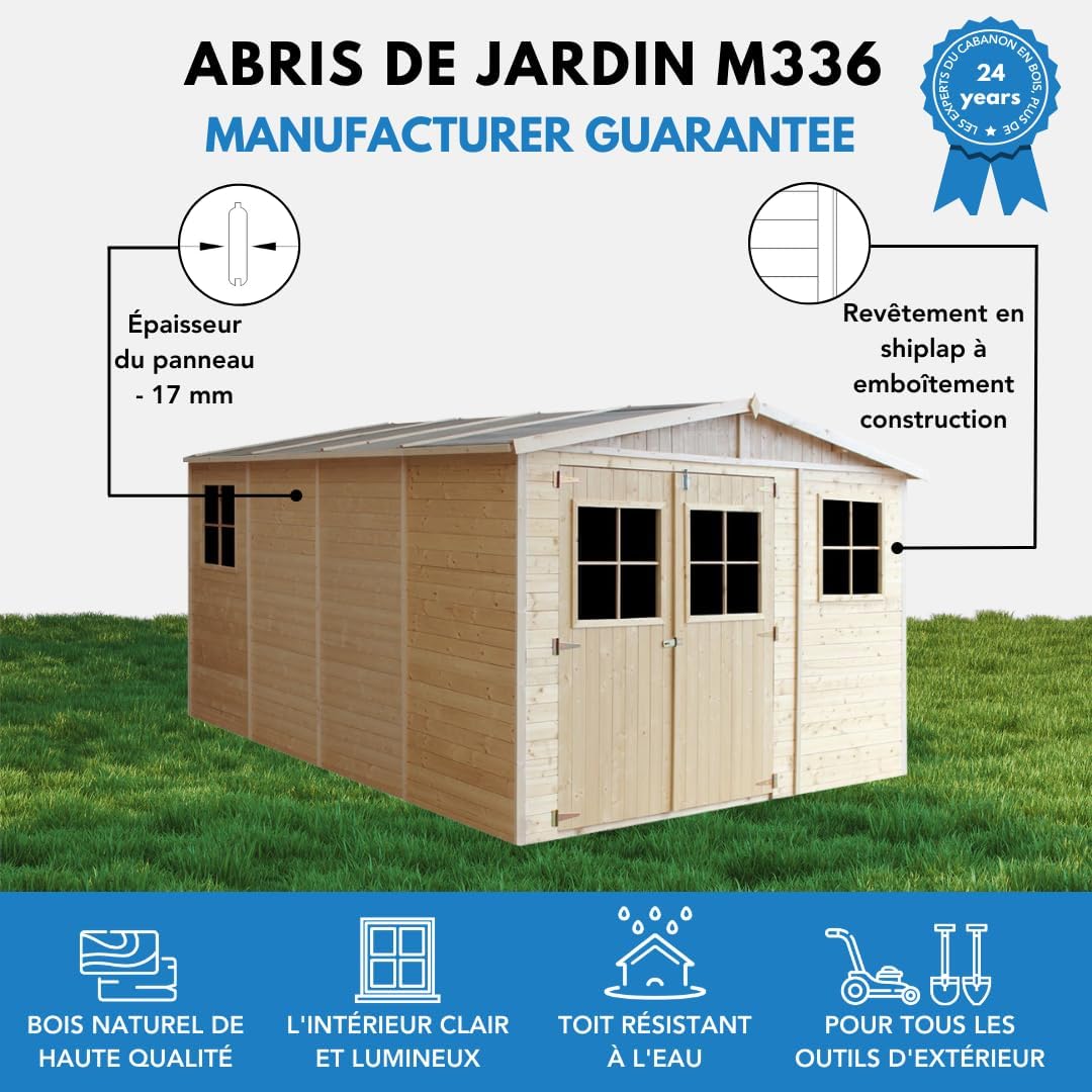 Timbela - Abri de jardin série M336 - 12m², bois naturel, fenêtres, H226x324x416cm - M336