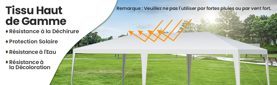 Grande tente extérieure blanche à baldaquin dans un champ herbeux. Le texte décrit les caractéristiques : résistant aux déchirures, protection solaire, résistant à l'eau et résistant à la décoloration. Avertissement en cas de vent fort et de pluie.