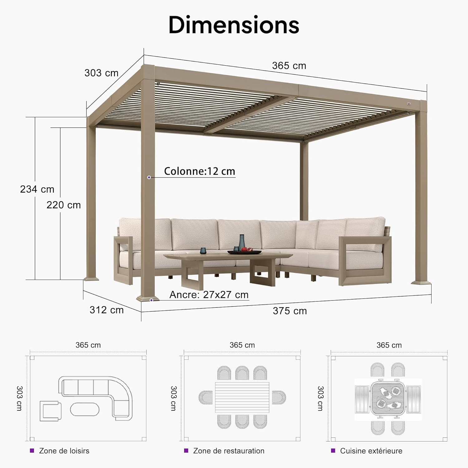 PURPLE LEAF - pergola bioclimatique LED - 3x3,65m - alu, lames orientables, étanche