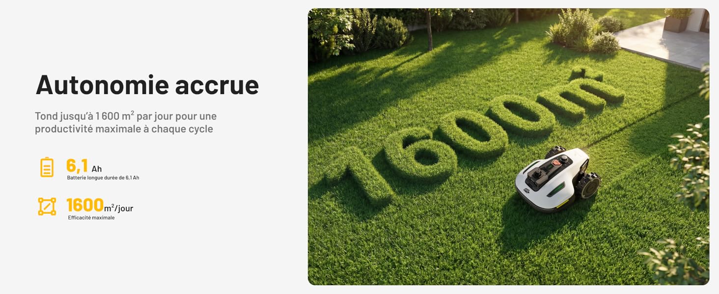 Le texte indique « Autonomie accumulée ». Pelouse verte brillante avec des ombres et une superposition de texte présentée dans une mise en page de style site Web promotionnel.