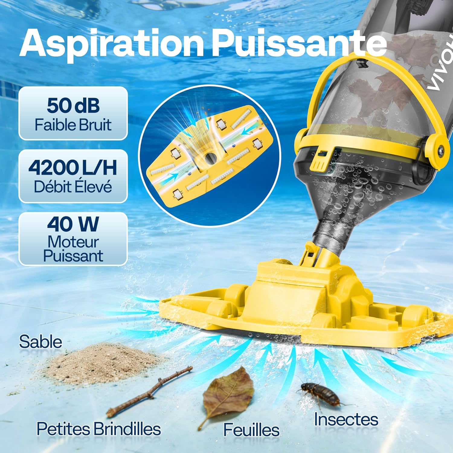 VIVOHOME Aspirateur de Piscine sans Fil avec Batterie et Perche Télescopique 213cm, Nettoyeur de Fond de Piscine Portable, Aspiration 70LPM pour Piscine Hors-Solet et Enterrée, Spa