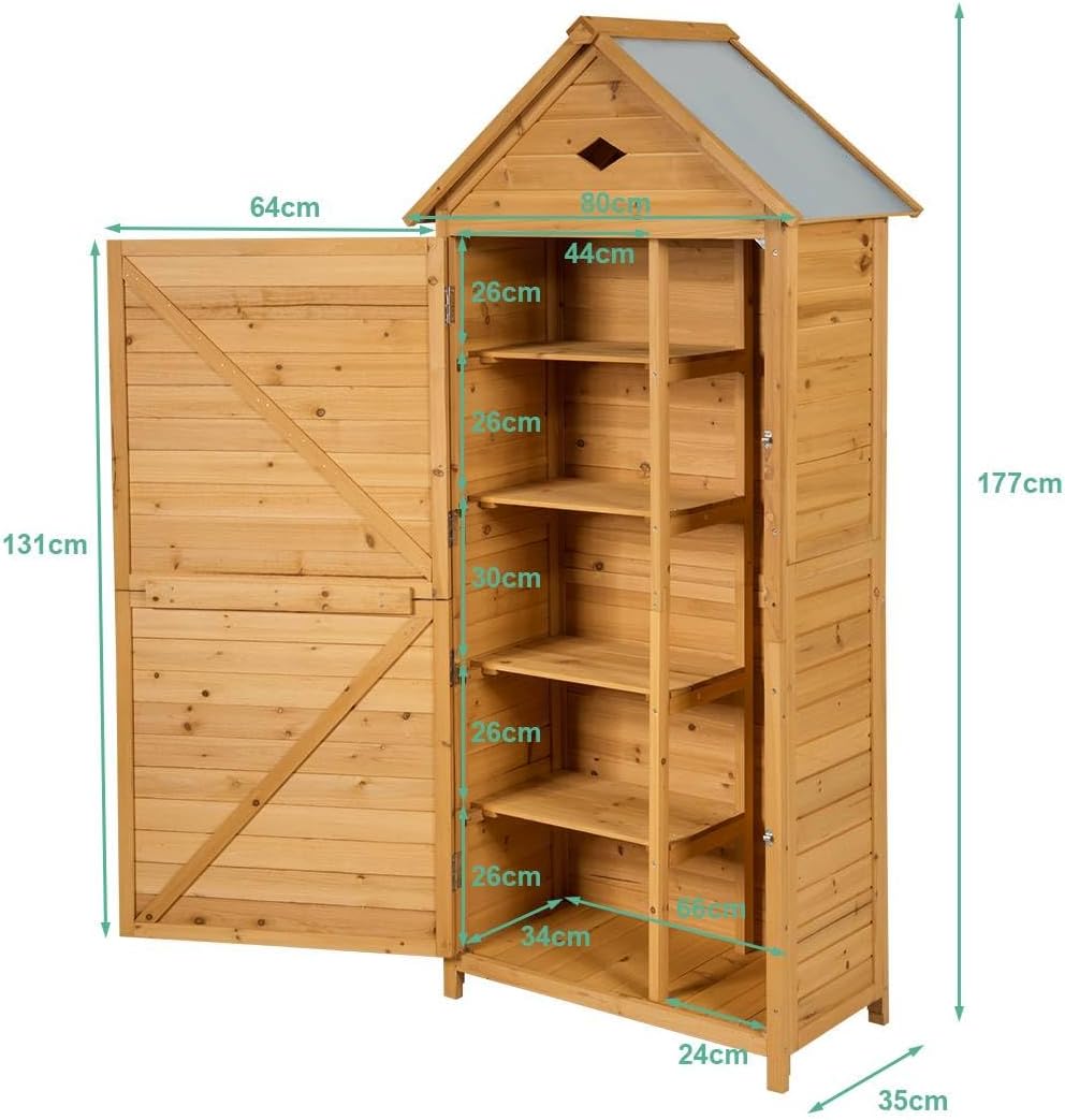 COSTWAY Armoire de Jardin Bois 5 Etagères, Abris de Jardin Bois Verrouillable en Bois de Sapin pour Outils de Jardin avec Etagères,Toit en Tôle Galvanisée pour Maison, Jardin, Cour