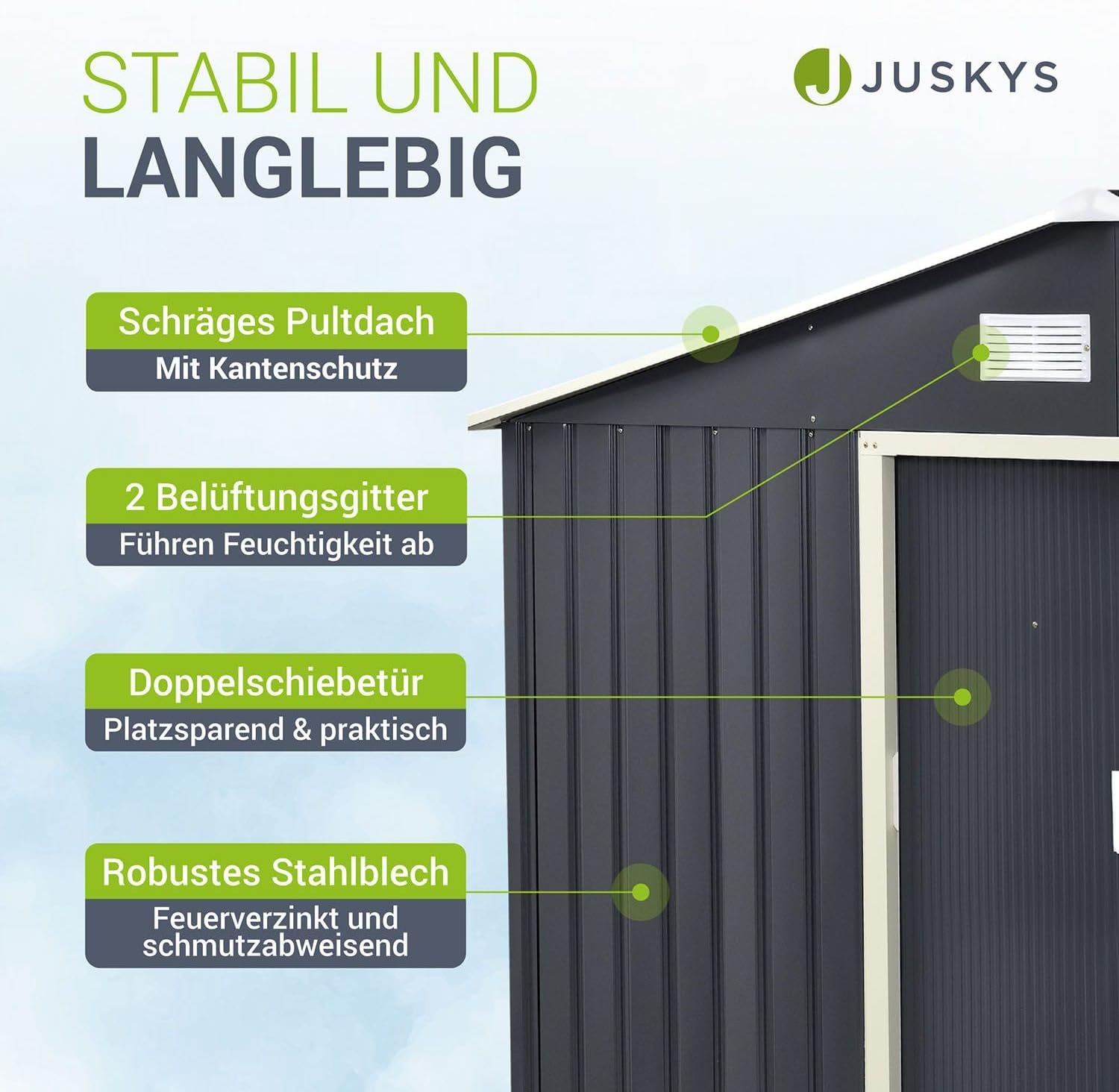 Juskys - Abri à Outils XL - 277x191x192cm - métal, porte coulissante, toit incliné