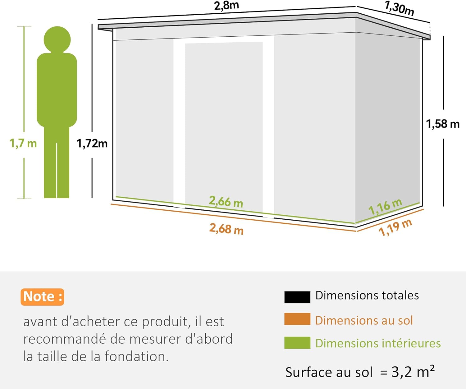 Outsunny - abri jardin XXL acier galvanisé 3,6 m² - 280x130x172 cm, portes coulissantes, kit fondation