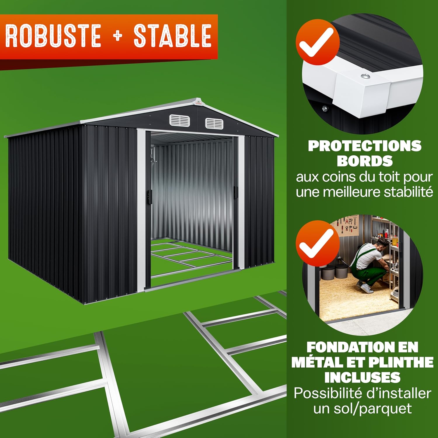 Abri jardin métal XXL - 260x205x180cm - Porte coulissante, fondation, rangement outils -  GARDEBRUK