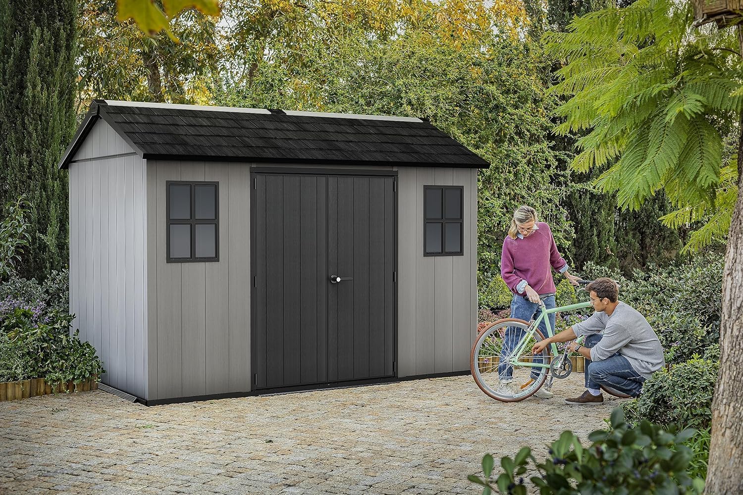 Abri Oakland - 7,2m² - Résine gris, double porte