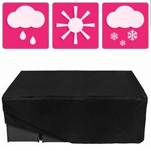 Trois icônes carrées roses représentant les conditions météorologiques : pluie, soleil et neige. Ci-dessous, un grand objet rectangulaire noir avec une fermeture éclair.