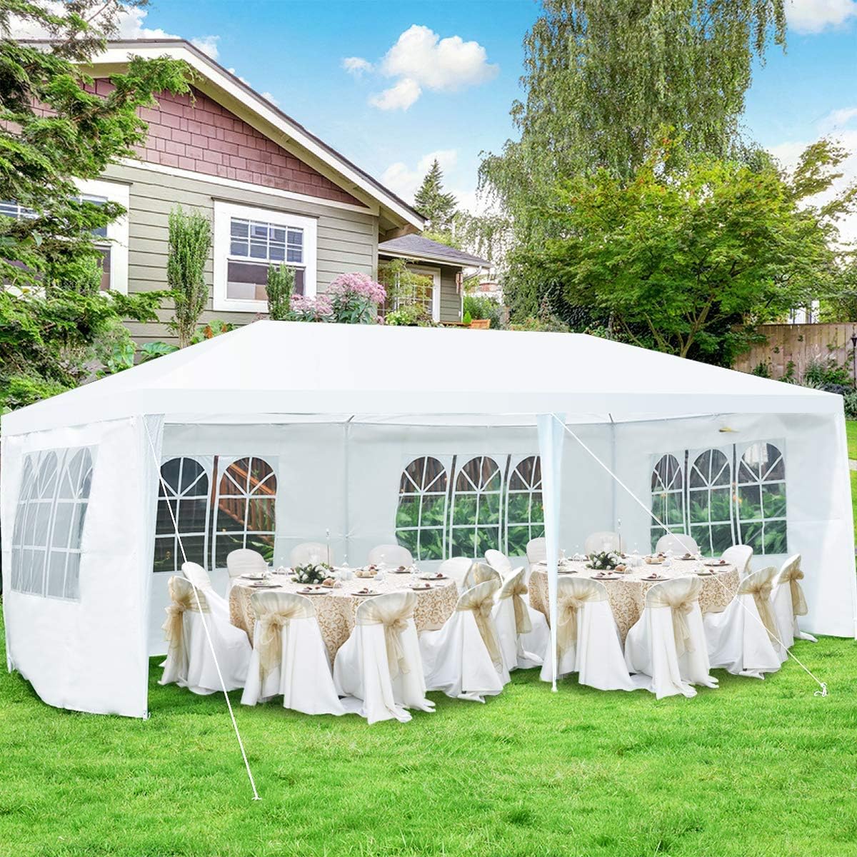 COSTWAY - Tonnelle de Jardin 3x6m avec 4 Murs Amovibles et Fenêtre - Piquets solides, Sac inclus, idéale fêtes et BBQ - 