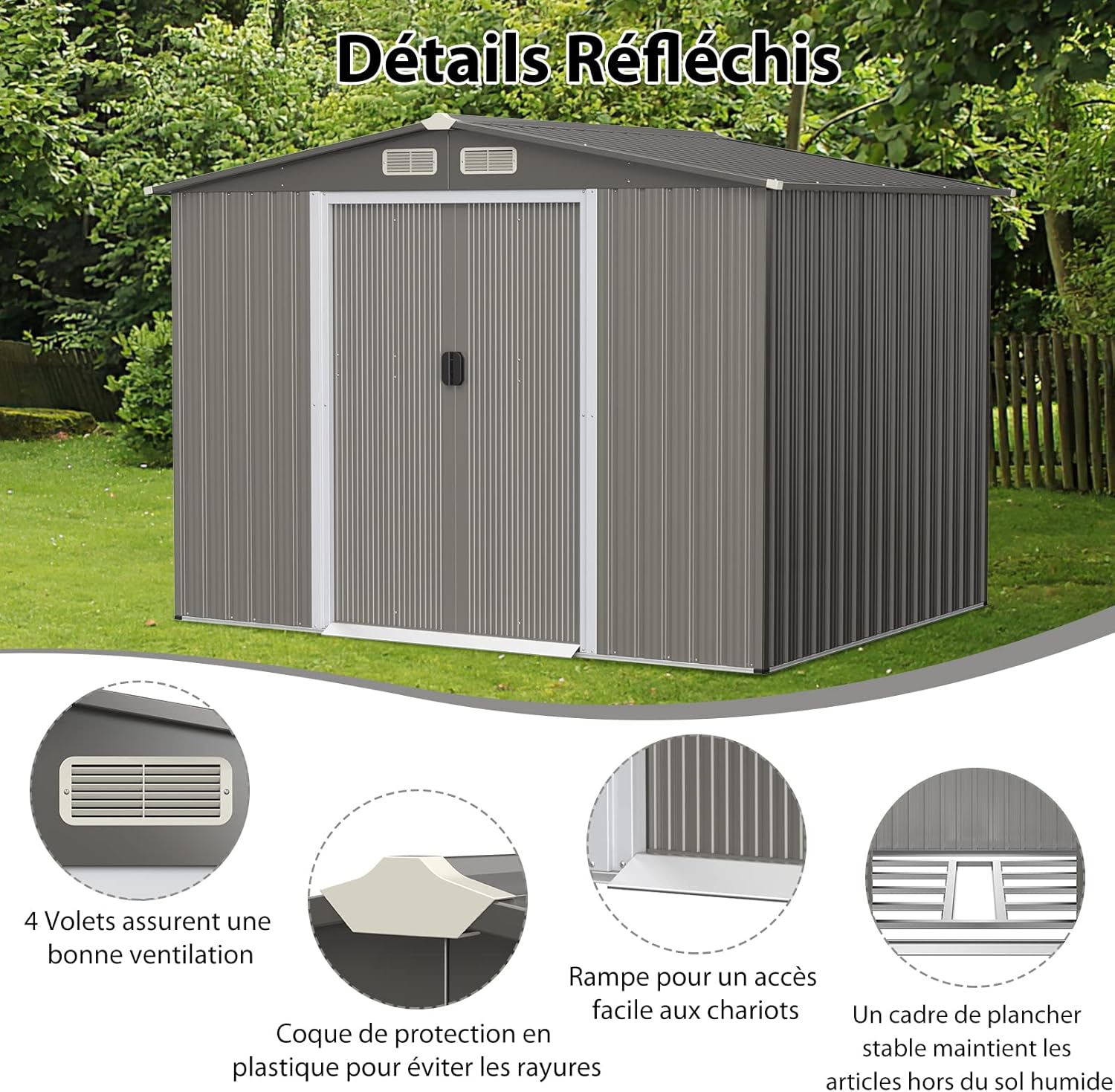 COSTWAY Abri de Jardin 4.7㎡en Acier Galvanisé Anti-UV, 260 x 207 x 181 CM, Cabane de Jardin Exterieur 9.7 m³ avec Fondation et Porte Coulissante, Rampe, 4 Trous d’Aération, 4 Gants Inclus, Gris Foncé