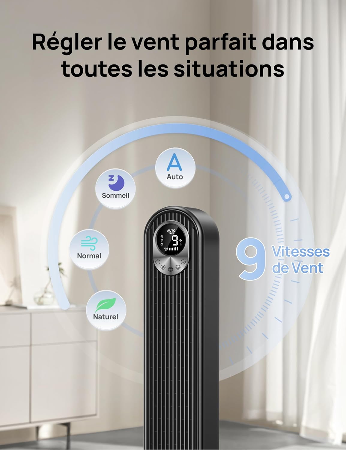 DREO - Ventilateur colonne série 106cm - 9 vitesses, télécommande, oscillation 90°, ultra silencieux