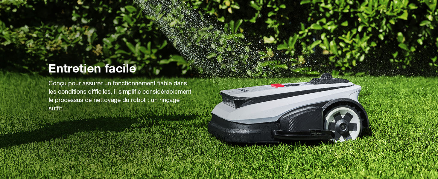 Le texte indique « Entretien facile ». Tondeuse à gazon robotique montrée en fonctionnement sur de l'herbe verte sous plusieurs angles, démontrant la capacité de tonte automatique.