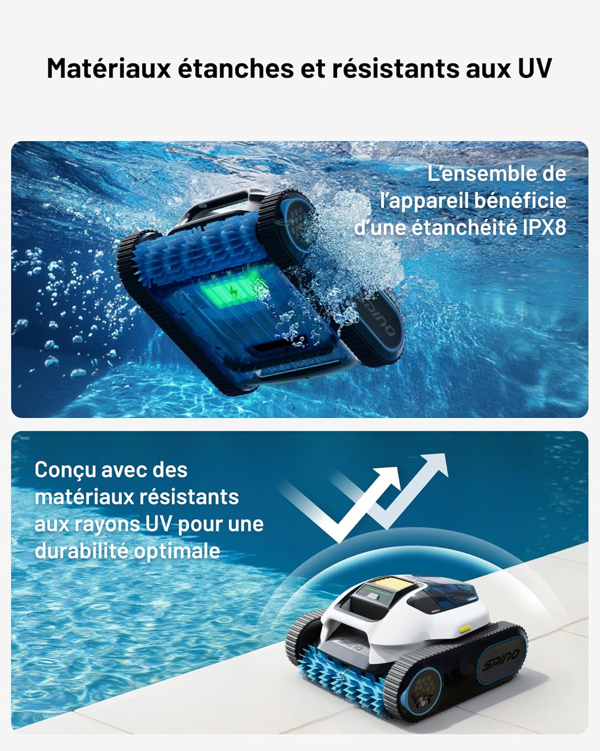 SPINO - E1 Robot piscine 150㎡, aspiration 21950 LPH, 210 min, 5 modes, E1