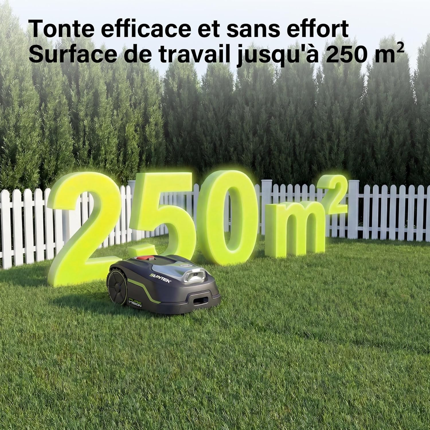 SUNTEK - Robot Tondeuse IA Vision, 250m², IPX5, Pente 35%, Garage