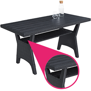 avec un gros plan de la texture de la table. La flèche rose indique une vue détaillée du motif de tissage.